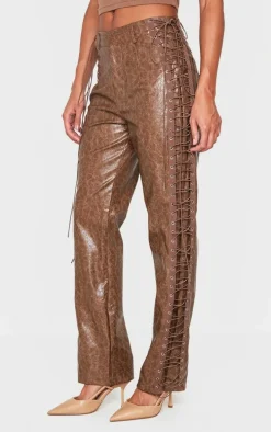 Brown Faux Leather Lace Up Straight Leg Pants