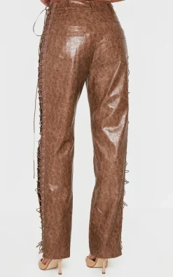 Brown Faux Leather Lace Up Straight Leg Pants