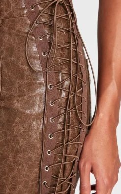 Brown Faux Leather Lace Up Straight Leg Pants