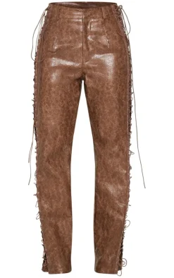 Brown Faux Leather Lace Up Straight Leg Pants