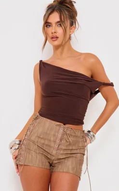 Brown Faux Leather Lace Up Side Hot Pants