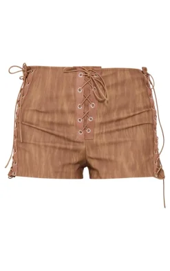 Brown Faux Leather Lace Up Side Hot Pants