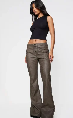 Brown Faux Leather Lace Up Detail Low Rise Straight Leg Pants