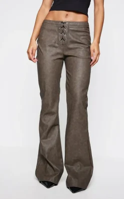 Brown Faux Leather Lace Up Detail Low Rise Straight Leg Pants