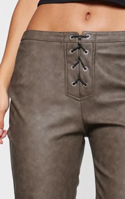 Brown Faux Leather Lace Up Detail Low Rise Straight Leg Pants