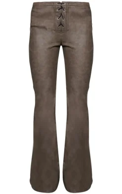 Brown Faux Leather Lace Up Detail Low Rise Straight Leg Pants