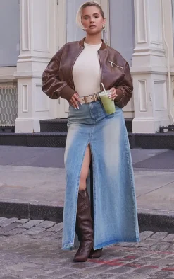 Brown Faux Leather Mottled Texture Zip Detail Bomber Jacket