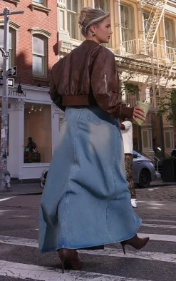 Brown Faux Leather Mottled Texture Zip Detail Bomber Jacket