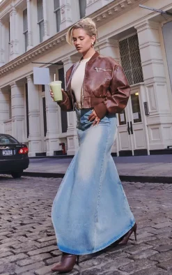 Brown Faux Leather Mottled Texture Zip Detail Bomber Jacket