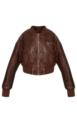 Brown Faux Leather Mottled Texture Zip Detail Bomber Jacket