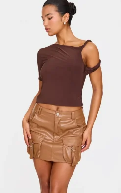Brown Faux Leather Pocket Detail Cargo Mini Skirt