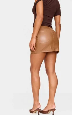 Brown Faux Leather Pocket Detail Cargo Mini Skirt