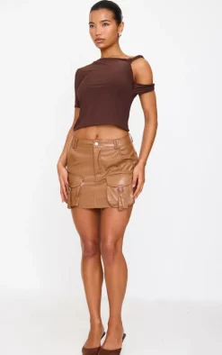 Brown Faux Leather Pocket Detail Cargo Mini Skirt