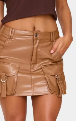 Brown Faux Leather Pocket Detail Cargo Mini Skirt