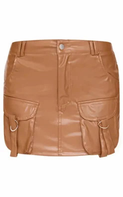 Brown Faux Leather Pocket Detail Cargo Mini Skirt