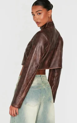 Brown Faux Leather Studded Cropped Jacket