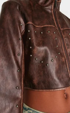 Brown Faux Leather Studded Cropped Jacket