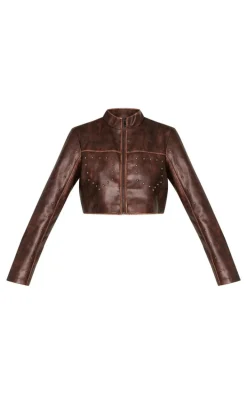 Brown Faux Leather Studded Cropped Jacket