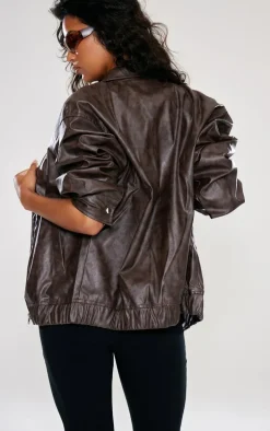 Brown Faux Leather Vintage Look Bomber Jacket