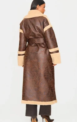 Brown Faux Leather Vintage Look Borg Coat