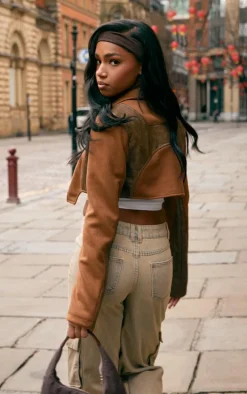 Brown Faux Suede Contrast Faux Leather Western Look Cropped Jacket