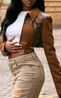 Brown Faux Suede Contrast Faux Leather Western Look Cropped Jacket