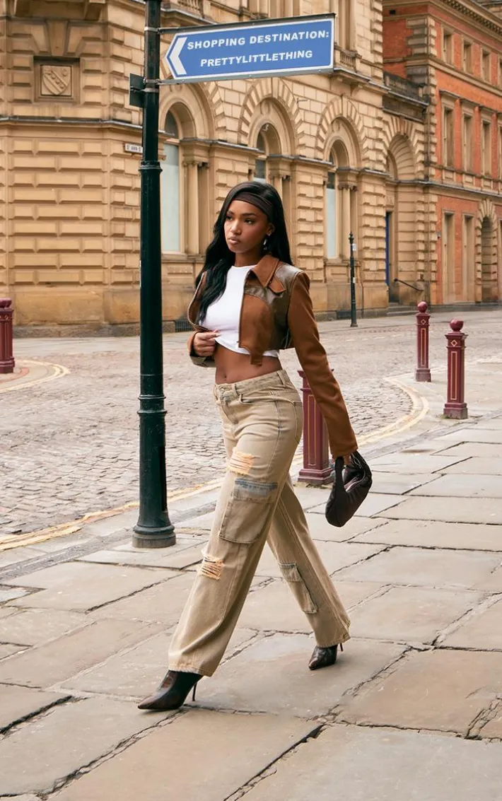 Brown Faux Suede Contrast Faux Leather Western Look Cropped Jacket