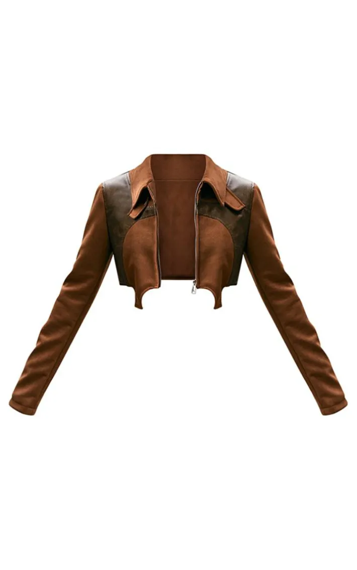 Brown Faux Suede Contrast Faux Leather Western Look Cropped Jacket