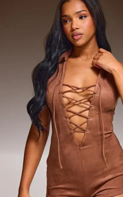 Brown Faux Suede Lace Up Plunge Romper