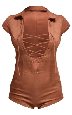 Brown Faux Suede Lace Up Plunge Romper