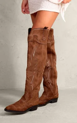 Brown Faux Suede Point Toe Contrast Stitch Over The Knee Western Boots