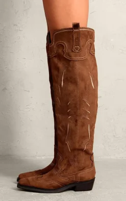 Brown Faux Suede Point Toe Contrast Stitch Over The Knee Western Boots