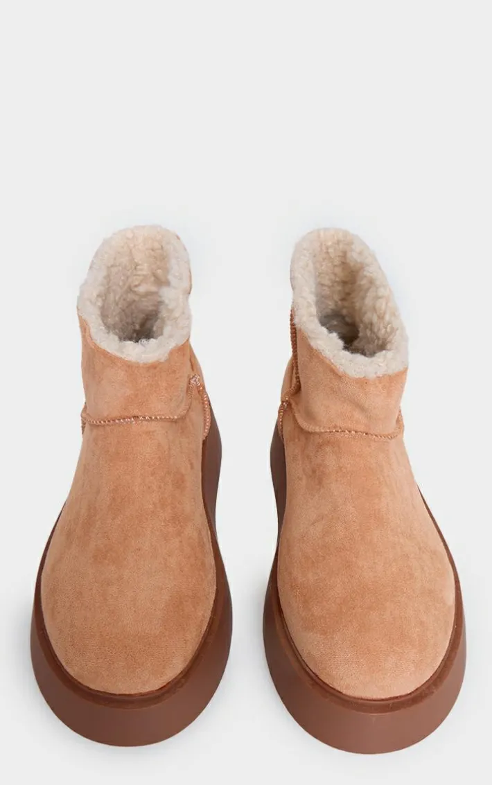 Brown Faux Suede Round Toe Thick Flat Sole Ankle Boots