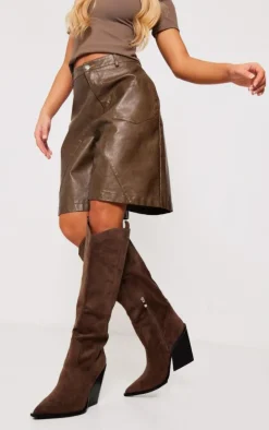 Brown Faux Suede Western Pointed Wedge Heeled Knee Boots