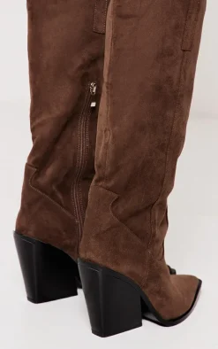 Brown Faux Suede Western Pointed Wedge Heeled Knee Boots