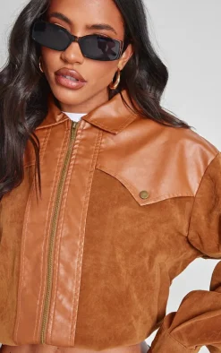 Brown Faux Suede Western Panel Detail Oversized Jacket