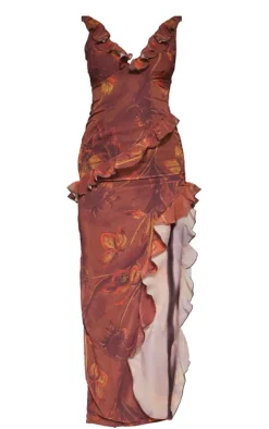 Brown Floral Asymmetric Frill Split Maxi Dress