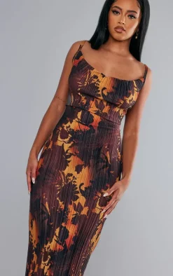 Brown Floral Ombre Plisse Strappy Maxi Dress