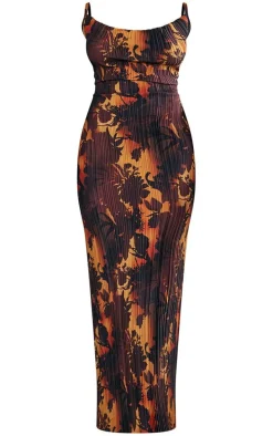 Brown Floral Ombre Plisse Strappy Maxi Dress