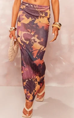 Brown Floral Ombre Print Burnout Mesh Low Rise Maxi Skirt