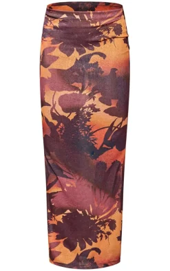 Brown Floral Ombre Print Burnout Mesh Low Rise Maxi Skirt