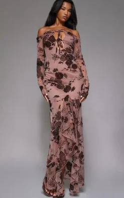 Brown Floral Print Devore Off The Shoulder Long Sleeve Maxi Dress