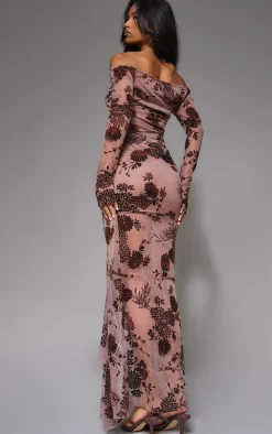 Brown Floral Print Devore Off The Shoulder Long Sleeve Maxi Dress