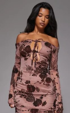 Brown Floral Print Devore Off The Shoulder Long Sleeve Maxi Dress