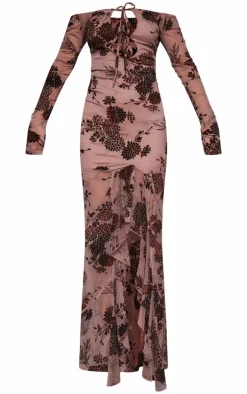 Brown Floral Print Devore Off The Shoulder Long Sleeve Maxi Dress