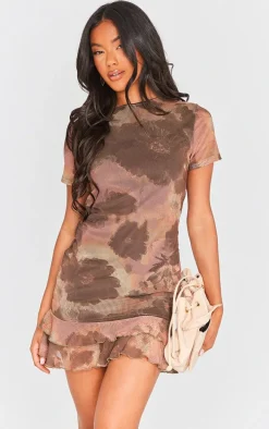 Brown Floral Print Tiered Short Sleeve Shift Dress