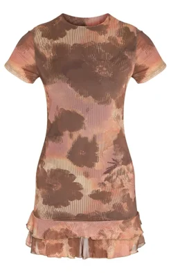 Brown Floral Print Tiered Short Sleeve Shift Dress