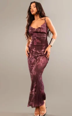 Brown Floral Printed Plisse Strappy Maxi Dress