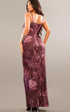Brown Floral Printed Plisse Strappy Maxi Dress