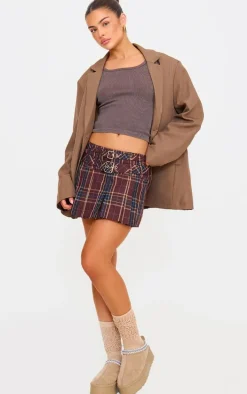 Brown Gingham Double Buckle Pleated Mini Skirt